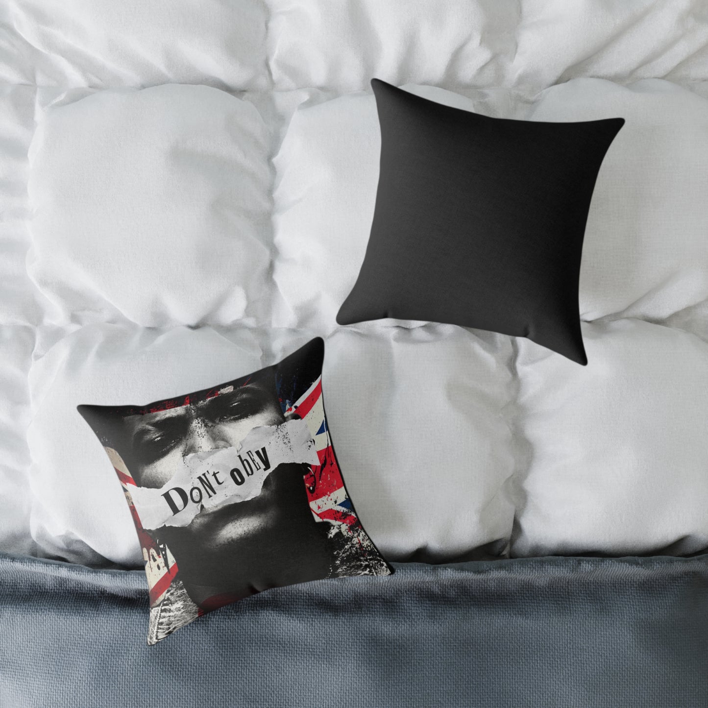 Square Poly Canvas Pillow — 'Don't Obey' Punk Union Jack Decorative Throw Pillow