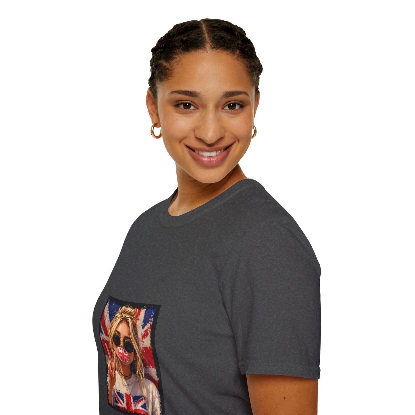 Union Jack Pop Art T-Shirt — Girl with Sunglasses & Peace Sign Graphic Tee