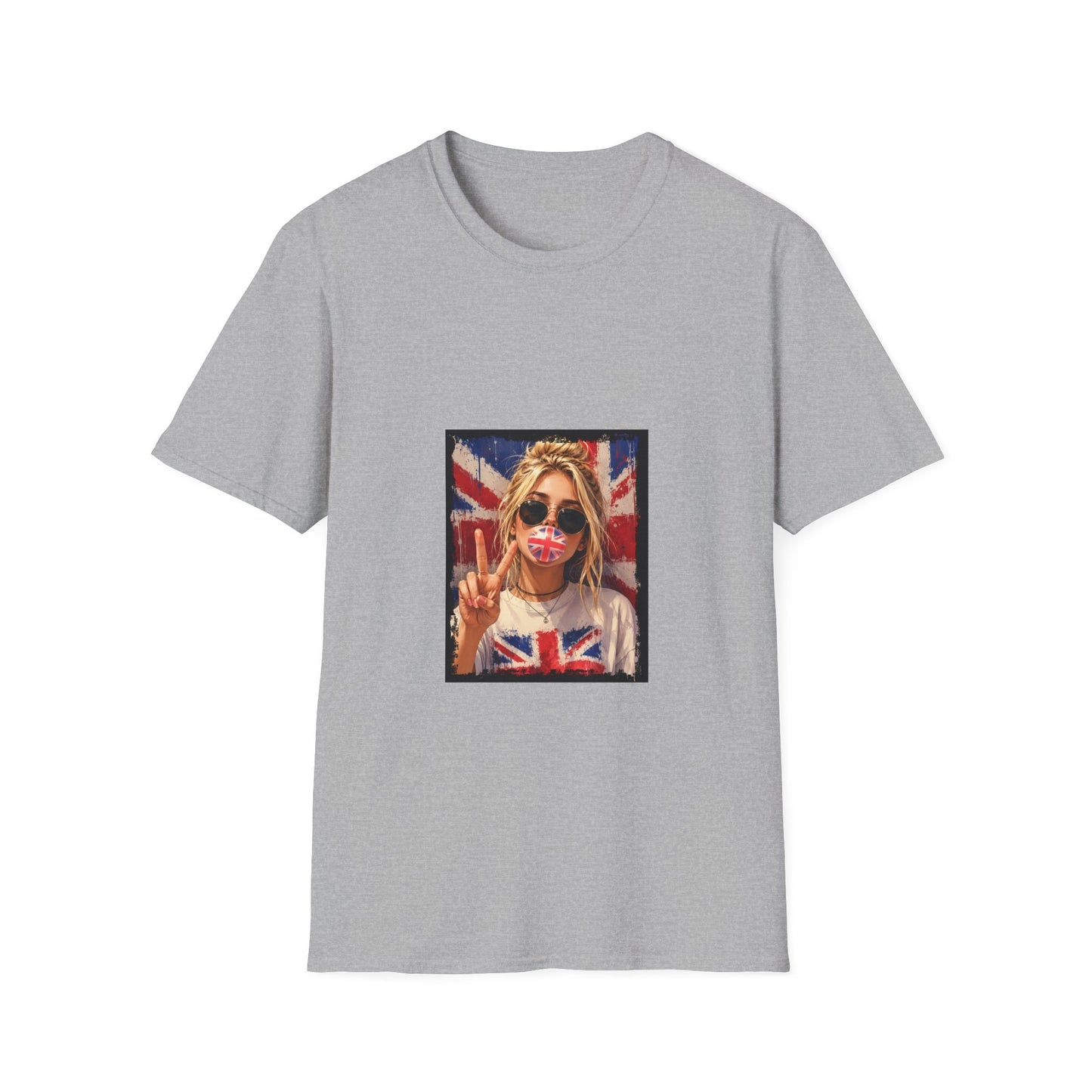 Union Jack Pop Art T-Shirt — Girl with Sunglasses & Peace Sign Graphic Tee