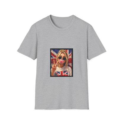 Union Jack Pop Art T-Shirt — Girl with Sunglasses & Peace Sign Graphic Tee