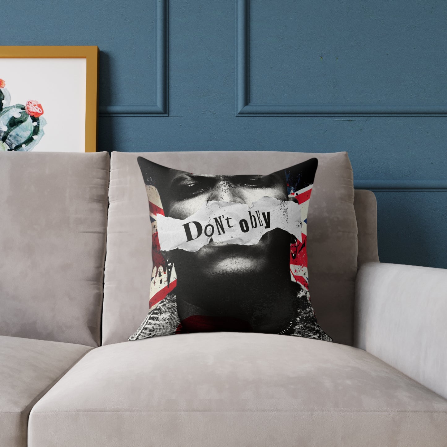 Square Poly Canvas Pillow — 'Don't Obey' Punk Union Jack Decorative Throw Pillow