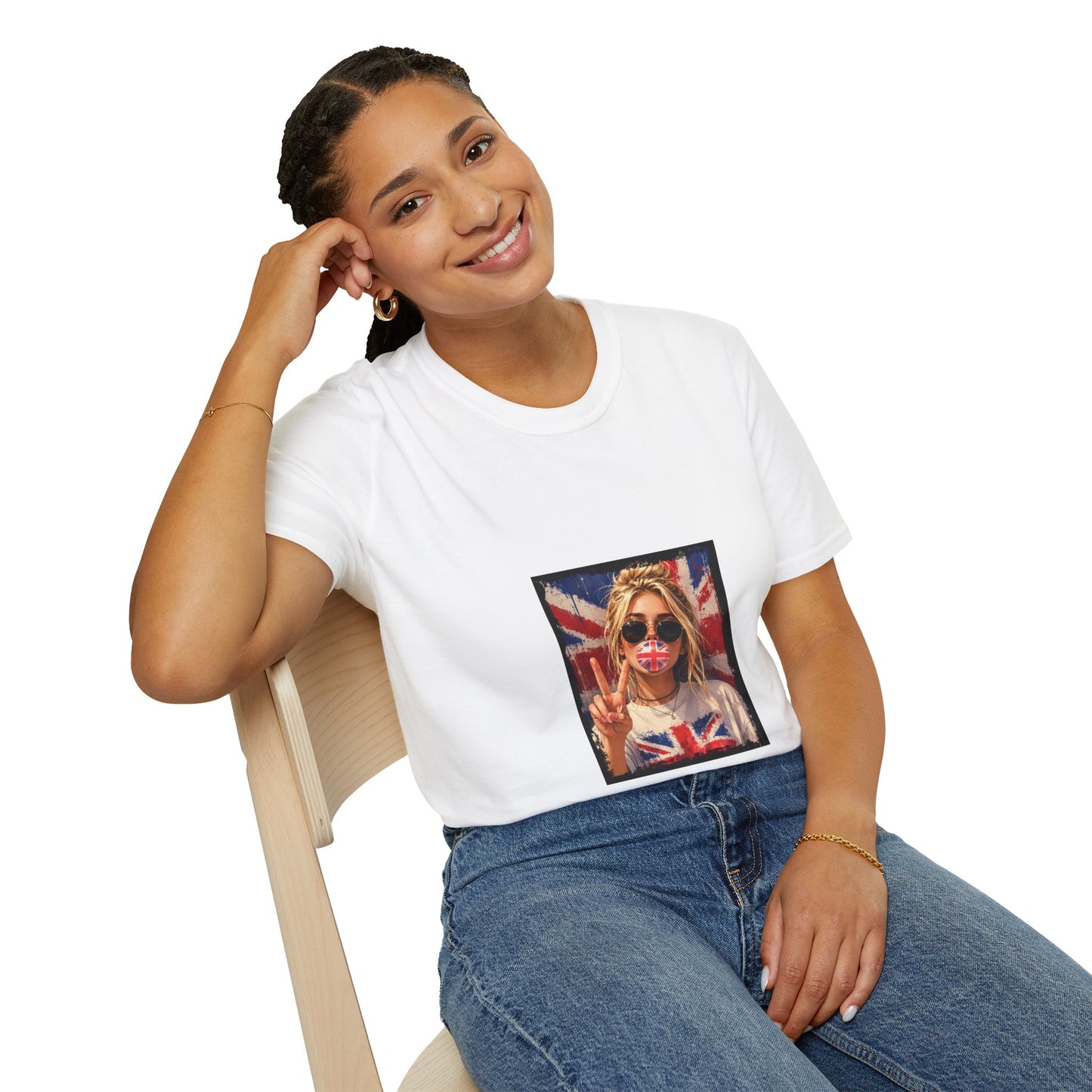Union Jack Pop Art T-Shirt — Girl with Sunglasses & Peace Sign Graphic Tee