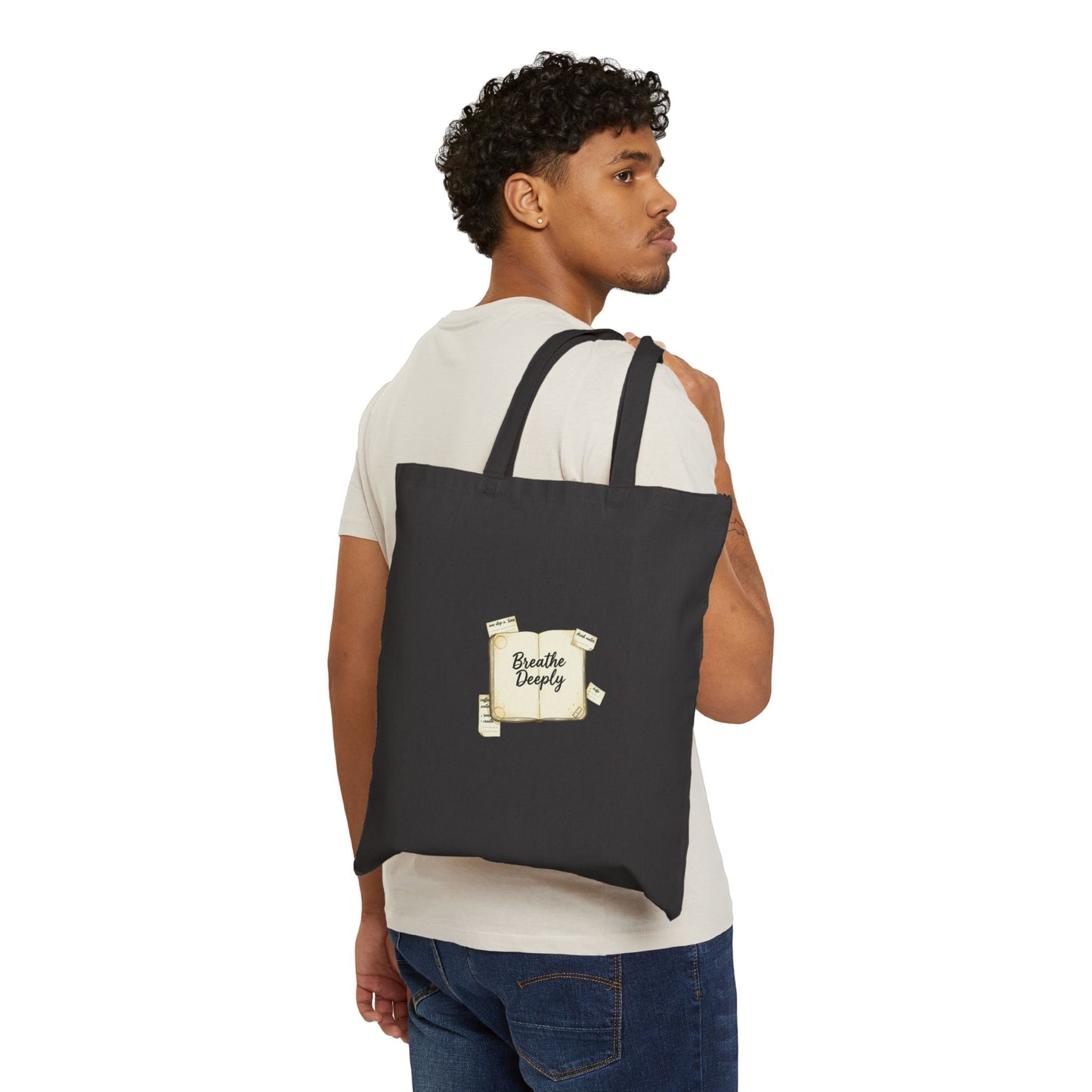 Breathe Deeply note to self Tote | post‑it style handwritten reminder, analogue aesthetic