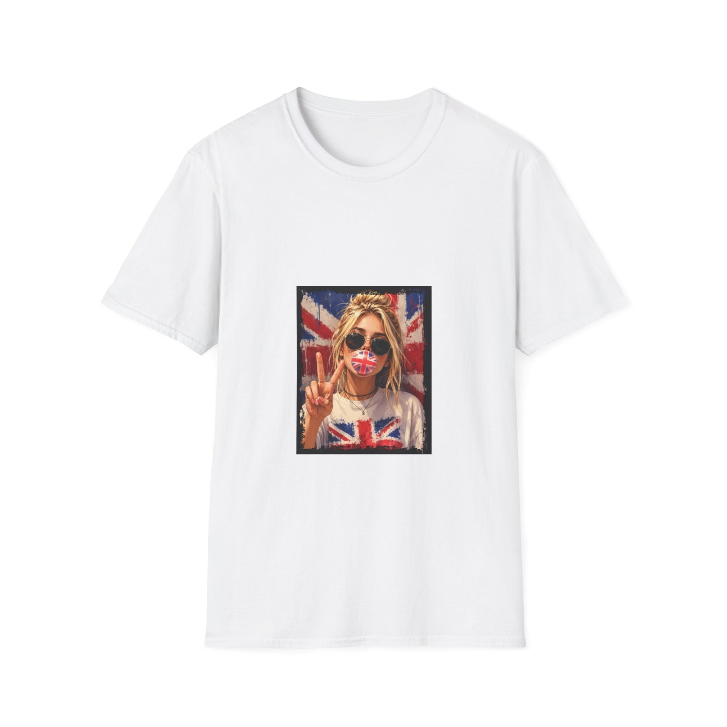 Union Jack Pop Art T-Shirt — Girl with Sunglasses & Peace Sign Graphic Tee